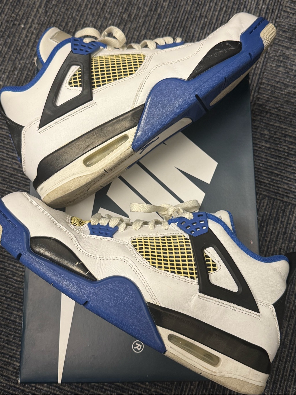 Jordan 4 Retro Motorsports - Men’s White Black Blue Sneakers With Yellow Accents